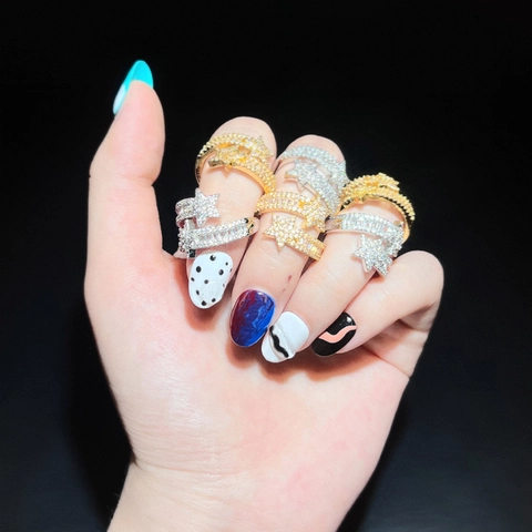 Shiny Copper Star Open Ring for Women Rhinestone Inlaid Adjustable Fashion Hip Hop Jewelry Adjustable Finger Ring Gift
