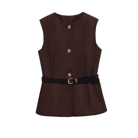 Women Sleeveless Vest Top Waistcoat With Gold Buttons And Detachable Belt Slim Fit Elegant Round Neck Solid Color