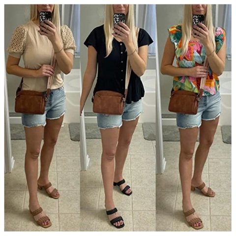 Women Crossbody Bag Pebbled Vegan Leather Triple Zipper Shoulder Purse Wide Adjustable Woven Guitar Strap Vintage Casual