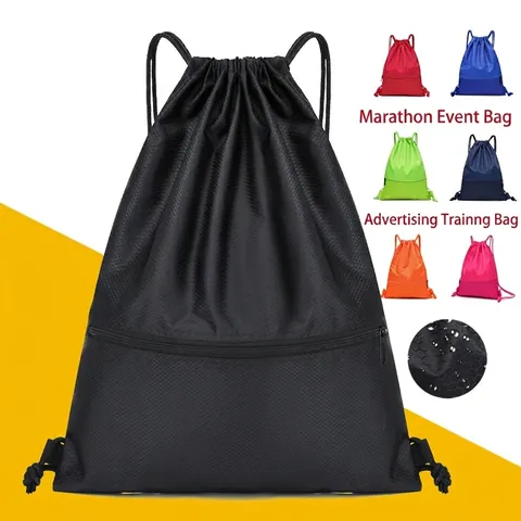 Drawstring Backpack Sports Gym Bag Waterproof Oxford Cloth Honeycomb Ripstop With Front Zipper Pocket For Basketball Travel Fitness