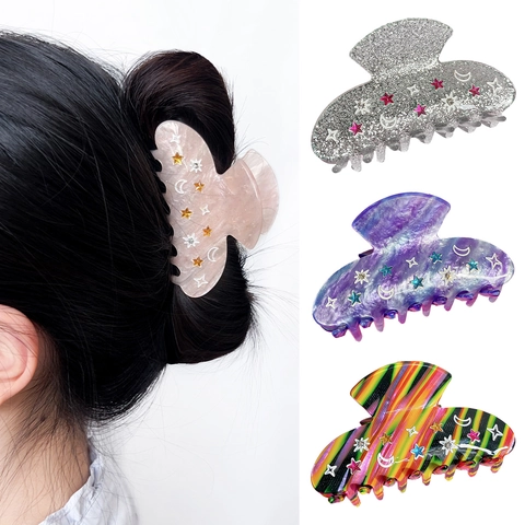Pinza Para El Pelo De Estrella Y Luna Acrílico Diamantes De Imitación Antideslizante Garra De Tiburón Para Mujer Accesorio