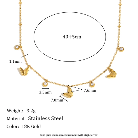 Butterfly Zircon Pendant Necklace Stainless Steel 18K Gold Plated Bead Chain Chic Jewelry For Women