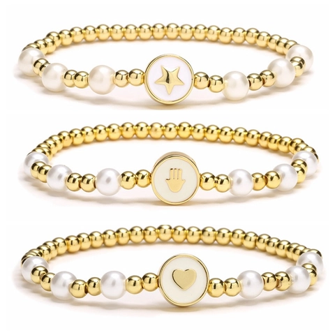 Pulsera Elástica de Cobre con Circonia y Perla Artificial para Mujer Esmalte Corazón Estrella Mano de Fátima Letra