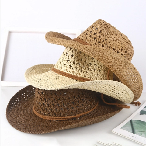 Sombrero Vaquero De Paja Transpirable Hueco Ala Ancha Protección Solar Playa Verano Fedora Con Cordón Ajustable