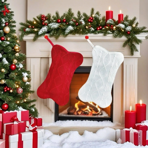 Calza Di Natale Forma Di Osso Cane Maglia Trecce Decorazione Appesa Albero Sacchetto Regalo Animale Casa Ornamento