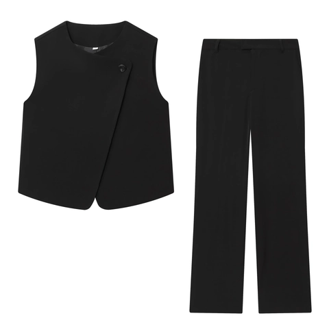 Women Asymmetric Button Waistcoat And Straight Leg Pants Solid Color Polyester Streetwear Business Casual Outfit