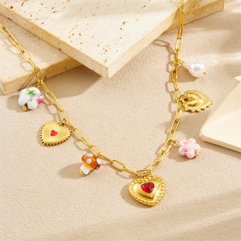 Collana E Bracciale In Acciaio Inossidabile Placcato Oro Da Donna Ciondoli Cuore Fungo Fiore Ceramica Stile Corte Gioielli