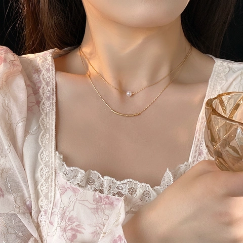 Double Layer Necklace Copper Curved Bar And Baroque Imitation Artificial Pearl Elegant Minimalist Jewelry For Women