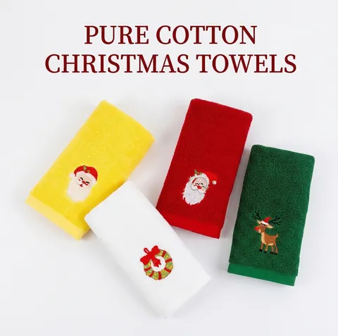 Pure Cotton Christmas Towels Embroidered Santa Reindeer Holiday Gift Hand Towel Soft Absorbent Bathroom Decor