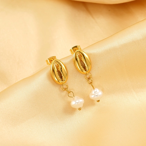 Pendientes Colgantes De Concha Cowrie Bañados En Oro De 18K Acero Inoxidable 304 Con Perla Artificial De Imitación Estilo Playa