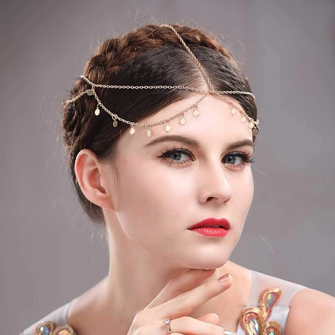 Bohemia Multi Layer Alloy Head Chain With Coin Pendants Gold Tone Elegant Party Hair Accessory For Women