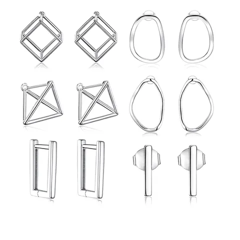 925 Sterling Silver Geometric Earrings For Women Minimalist Cube Star Shape Modern Stud Hoop Jewelry High-End Elegant