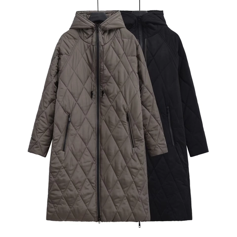 Chaqueta Acolchada Larga Para Mujer Con Capucha Patrón Diamante Abrigo Acolchado Cremallera Color Sólido Casual