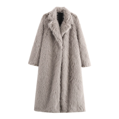Abrigo Largo De Piel Sintética Para Mujer Cuello De Traje Invierno Cálido Color Sólido Elegante Sobretodo Ropa De Calle