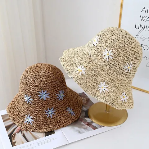 Cappello Di Paglia Da Donna Cappello Alla Pescatora Carta Intrecciata Ricamo Margherita Protezione Solare Estate Spiaggia Vacanze Traspirante