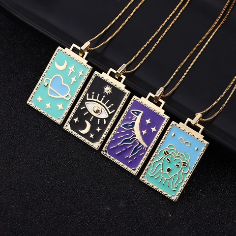 Collana Con Ciondolo Carta Dei Tarocchi Rame Placcato Oro Smalto Celeste Sole Luna Stella Leone Gioielli Vintage
