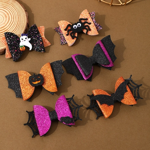 Halloween Bow Hair Clip Glitter Fabric Alloy Alligator Clip Spooky Pumpkin Spider Bat Ghost Holiday Party Accessories