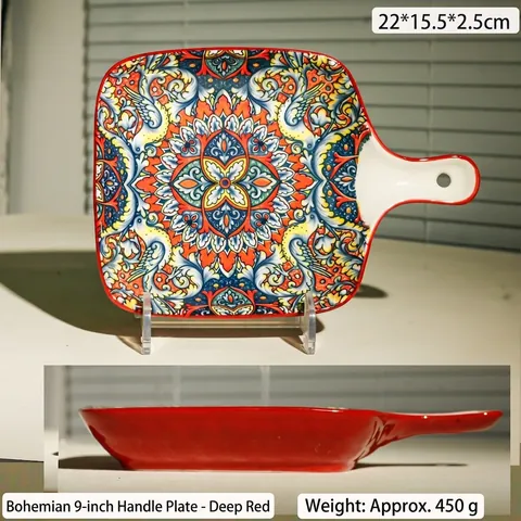 Bohemian Ceramic Handle Plate Vintage Mandala Pattern Serving Plate Baking Dish With Handle For Kitchen Dining Home