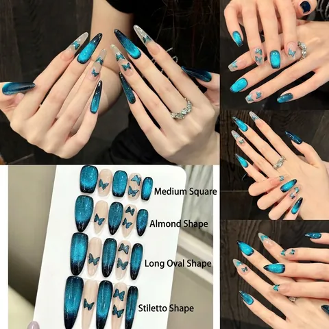 Unghie Finte Press On Occhio Di Gatto Blu Con Decorazione Farfalla 3D Glitter Sfumati