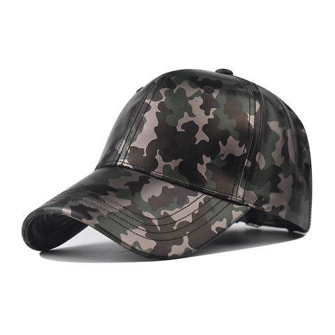 Camouflage PU Leather Baseball Cap Waterproof Shiny Metallic Fashion Tactical Outdoor Sun Hat For Men Women Adjustable