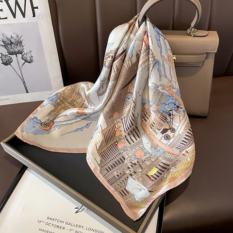 Elegant Mulberry Satin Square Scarf Women French Retro City Architecture Print Neck Kerchief Head Wrap Hair Band
