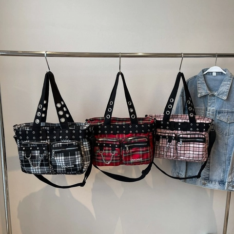 Borsa A Tracolla Plaid Punk Grande Capacità Tote In Tela Con Occhielli Metallici Catena Streetwear Tasche Multiple