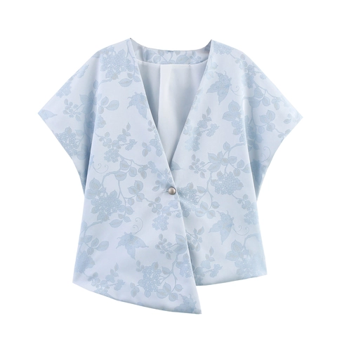 Dames Jacquard Blouse Shirt Korte Mouwen V-Hals Lichtblauw Bloemenpatroon Retro Klassieke Stijl Satijnen Afwerking Polyester Top