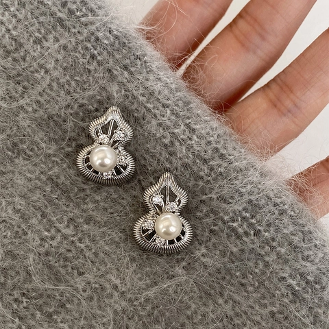 Pendientes Calabaza Dorados Con Perla Artificial Imitación Circonita Y Poste Plata Estilo Chino Hueco Mujer