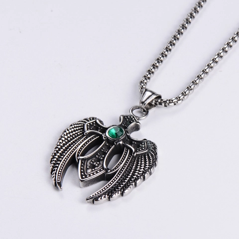Retro Stainless Steel Angel Wings Cross Pendant With Green Zircon Gothic Punk Style Jewelry Accessory For Men