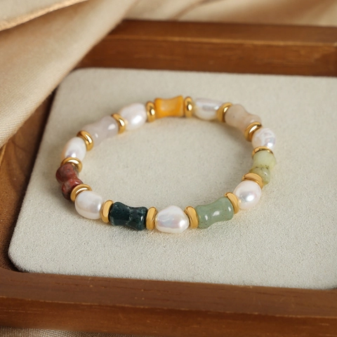 Handmade Baroque Freshwater Pearl And Natural Stone Beaded Bracelet Retro Titanium Steel Jewelry Gift For Women