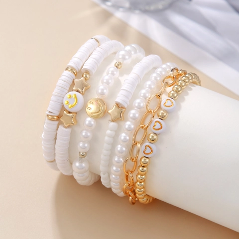 Boheemse Kralenarmbanden Polymeerklei Imitatieparel Legering Glimlach Hart Ster Bedeltjes Gelaagd Voor Dames Meisjes