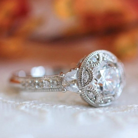 Vintage Halo Engagement Ring Copper Round Brilliant Cubic Zirconia Tapered Baguette Side Stones Luxury Jewelry Women