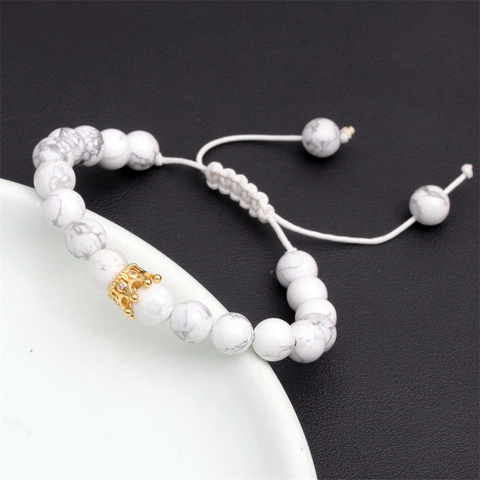 Natural Stone Beaded Bracelet Tiger Eye White Turquoise Crown Charm Adjustable Braided Rope Jewelry For Men Women