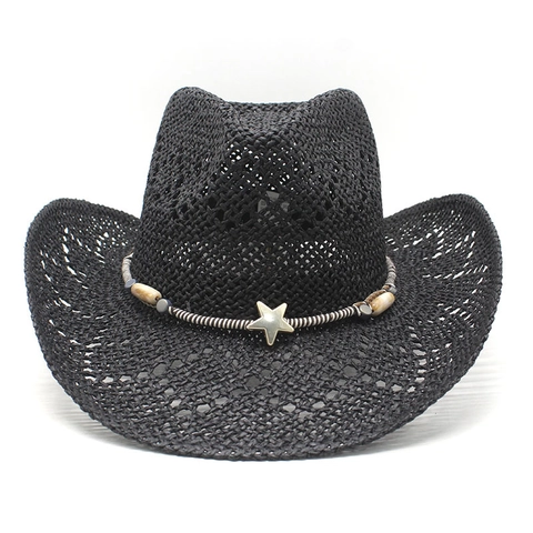 Western Cowboy Strohhut Durchbrochenes Papier Sonnenschutz Strand Atmungsaktiv Mit Metallstern Dekoration Ethnische Perlen