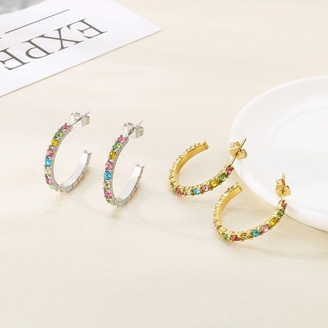 Pendientes De Aro En Forma De C De Acero Inoxidable Con Cristales De Colores Arcoíris Geométricos De Moda