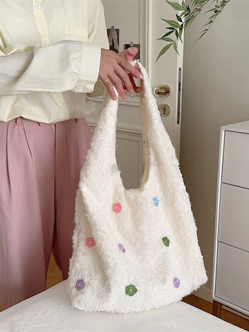 Bolso Tote De Peluche Para Mujer Bordado Floral Puntos De Colores Gran Capacidad Bolso De Hombro Y Neceser Organizador