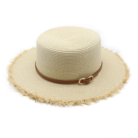 Women Paper Straw Boater Hat Flat Top Wide Brim Sun Protection Beach Travel Summer Casual Frayed Edge Leather Belt Decor