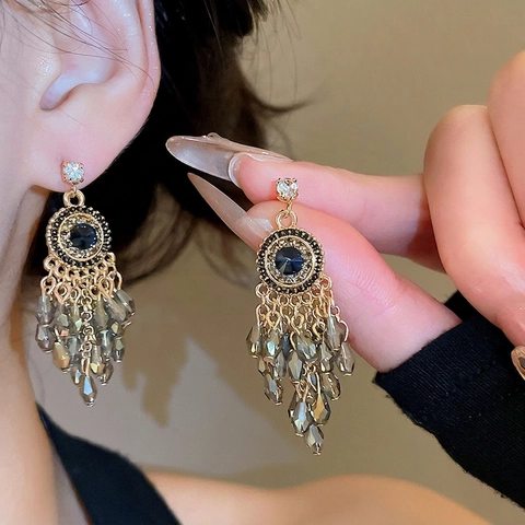 Orecchini Bohemien Vintage Con Pendente Tondo E Nappa Con Perno In Argento 925 Cristalli Di Vetro Gioielli Etnici