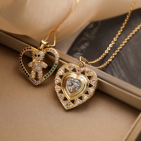Herz Teddybär Anhänger Halskette 18K Vergoldetes Kupfer Bunte Zirkonia Schlüsselbein Kette Für Damen Eleganter Schmuck