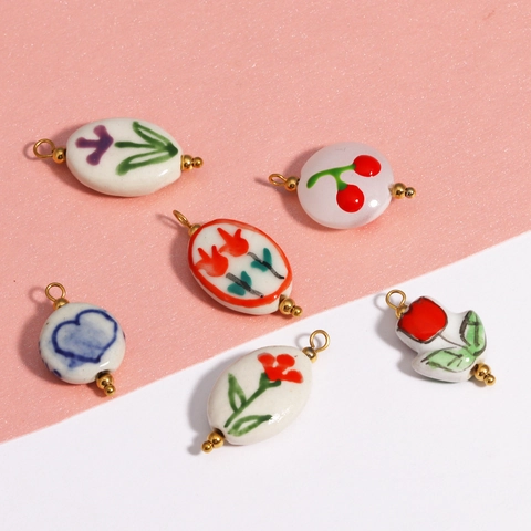 Hand Painted Ceramic Pendant Necklace 18K Gold Plated Floral Heart Cherry Pattern Sweet Pastoral Style Jewelry For Women