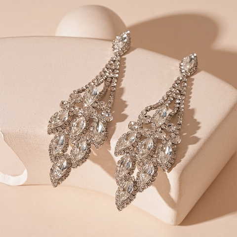 Long Tassel Drop Earrings With Rhinestones And Silver Earring Post Elegant Marquise Leaf Shape For Wedding Party Women