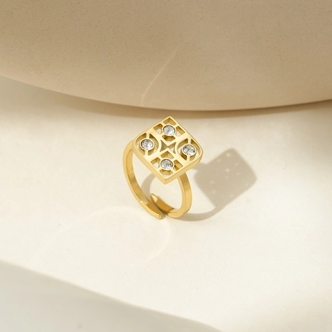 French Luxury Square Hollow Open Ring Adjustable Stainless Steel Gold Plated Geometric Fashion Finger Ring For Women