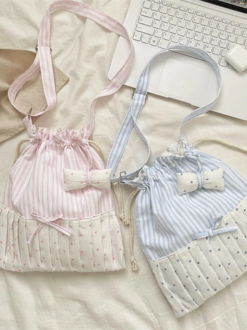 Süße Gestreifte Polyester Umhängetasche Mit Schleife Herzmuster Plissierte Kordelzug Beuteltasche Für Damen Girly