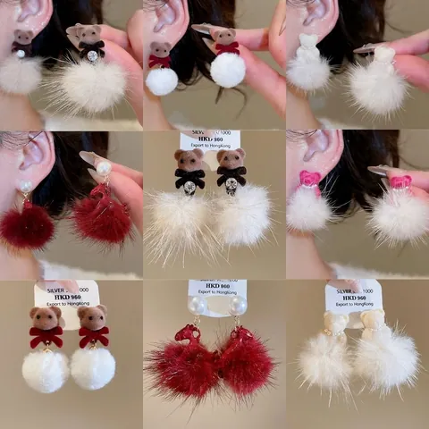 Orecchini A Lobo Con Orsetto Floccato Pompon E Künstliche Perle Con Perno In Argento Sterling 925 Gioielli Carini Per Donna