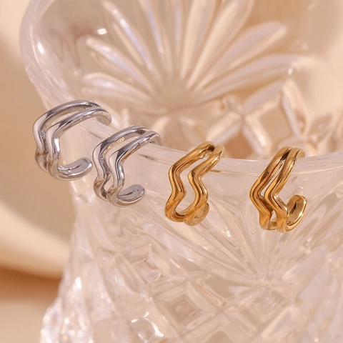 Orecchini a Clip in Acciaio Inossidabile a Doppio Strato Ondulato Senza Buco Placcati Oro 18K Minimalisti Geometrici Donna