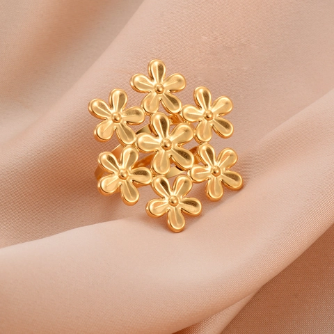Exaggerated Large Flower Open Adjustable Ring Stainless Steel Zircon Inlaid Statement Fashion Jewelry Women Gold