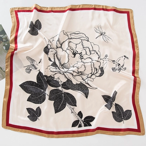 Retro Floral Bird Print Faux Satin Square Scarf Lightweight Decorative Neck Kerchief For Women Vintage Style