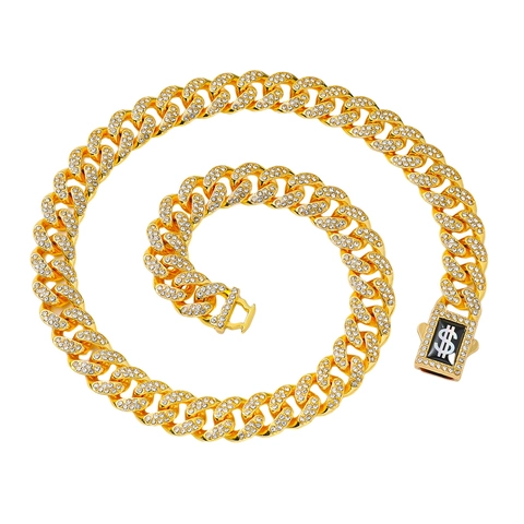 Collana Catena Cubana Lega Strass Iced Out Hip Hop Miami Gioielli Con Chiusura Segno Di Dollaro Da Uomo