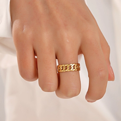 Anillo De Cadena De Eslabones Cubanos De Acero Inoxidable Para Mujer Banda Abierta Ajustable Joyería Minimalista