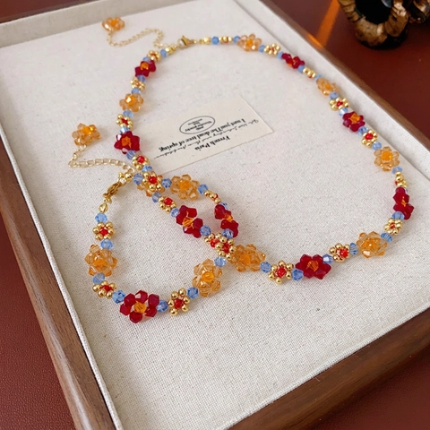 Colorful Flower Beaded Necklace Bracelet Jewelry Alloy Glass Beads Handmade Vacation Style Fashion Accessory For Women
